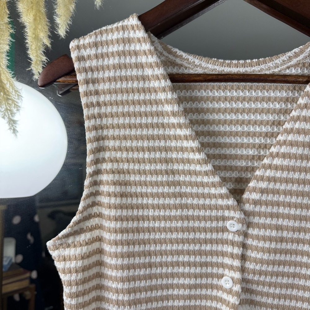 Oyoangle Tan and White Stripe Knit V Neck Button Down Women’s Cropped Vest - Picture 3 of 4